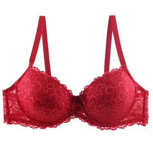 Elegant red lace full cup push-up bra featuring delicate bow detail and adjustable straps