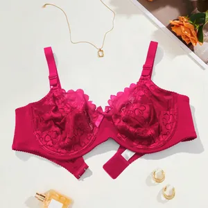 Elegant fuchsia lace full cup bra featuring underwire support and double row back hook