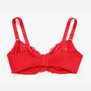 Detailed back view of red lace plus size bra featuring sheer mesh cups and underwire