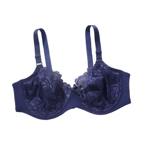 Full cup navy blue lace bra for women featuring delicate floral embroidery and underwire support