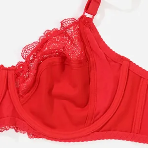 Close-up detail of a red full cup lace bra showing delicate embroidery and underwire