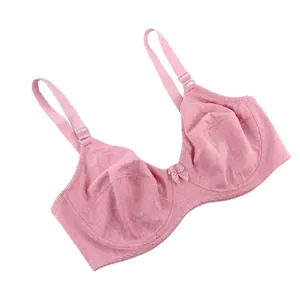 Thin pink full cup bra with elegant floral print and bow detail on white background
