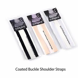 Close-up view of invisible bra straps with plastic coated buckles in three colors