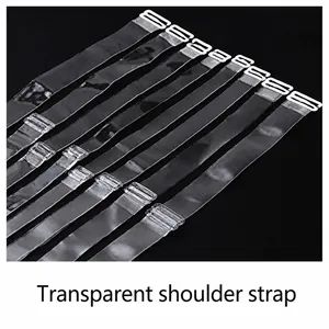 Detailed view of various widths for transparent invisible bra straps with metal buckles.