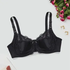 Elegant black lace full cup bra with underwire and satin finish shown in a flat lay
