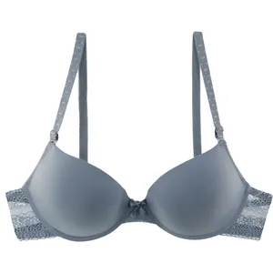 Elegant grey lace trim bra featuring center bow detail and adjustable detachable straps