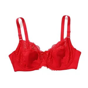Elegant red lace full-cup bra with underwire, sexy semi-sheer design for comfort