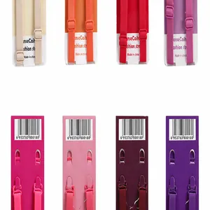 Detailed view of adjustable bra straps in rose, watermelon, wine, and purple