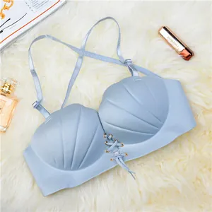 Reggiseno push-up azzurro senza cuciture a forma di conchiglia con coulisse e spalline incrociate