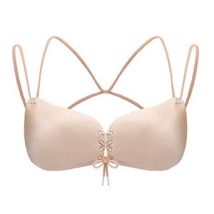 Professional seamless push-up strapless bra with front drawstring and thin cross back straps