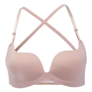 Nahtloser Push-up-BH mit überkreuzten Trägern und glattem Mango-Cup-Design in Beige.