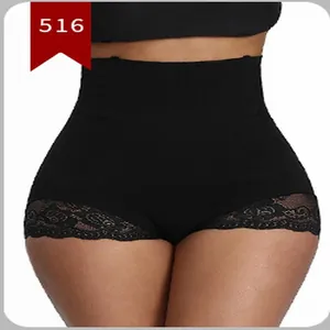Close-up view of seamless high-waist tummy control shapewear with elegant lace trim details