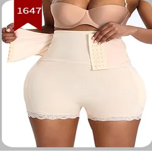 Detail view of high waist tummy control shorts with front hook closure and lace trim
