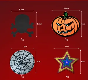 Halloween-Brustaufkleber Set mit Kürbis, Totenkopf, Spinnennetz und bunten Sternen