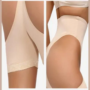 Detail of high-waist tummy control shaper with butt-lifting cutouts and lace trim