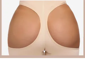 Close-up detail view of high waist open butt lifter shapewear panties in beige color