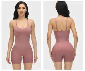 Front and back views of a seamless pink shapewear bodysuit with adjustable straps for women