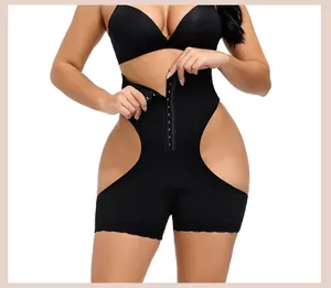 Detail view showing high-waisted tummy control shaper shorts with lace trim and hook-and-eye closure
