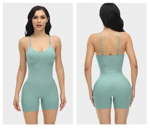 Front and back view of a seamless mint green shapewear bodysuit with adjustable straps