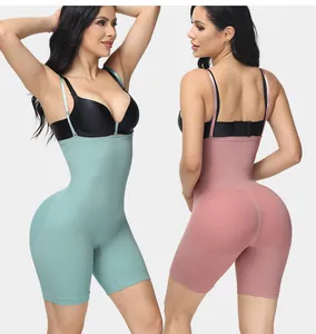Detailed front and back views of seamless high waist body shaper bodysuit in teal and pink
