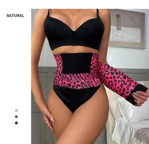 Close-up detail of the pink leopard print waist trainer belt for fitness and slimming body