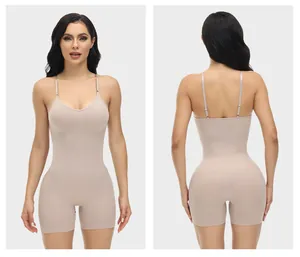 High-waist seamless beige shapewear bodysuit with front and back views for women.