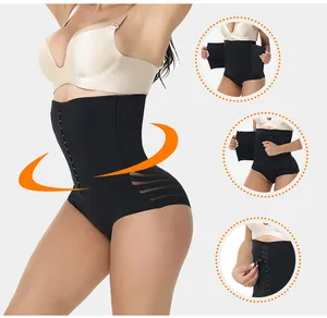Detail view of high-waist tummy control panties with adjustable hooks and mesh panels