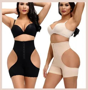 High-waist tummy control shapewear shorts with butt-lifting cutouts and lace trim