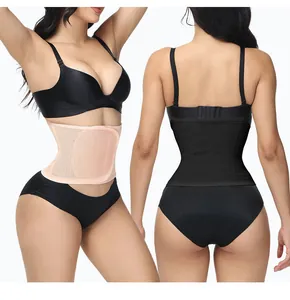 Front and back detail of breathable mesh waist trainer belt in black and beige colors.
