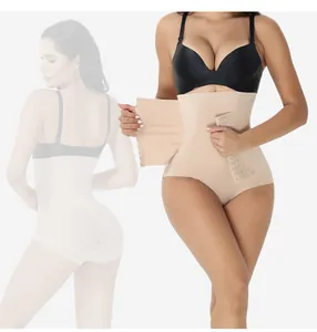 Detail view of high-waisted tummy control shaper panty featuring front hook-and-eye closures