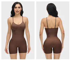 Detailed front and back views of brown seamless bodysuit shapewear for body sculpting
