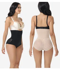High-waisted breathable shapewear panties with mesh panels shown on female models