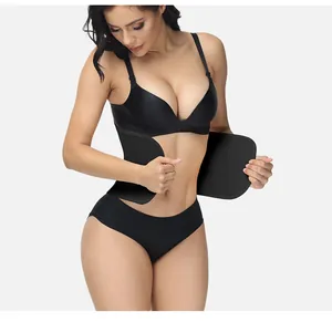 Close-up of a black mesh waist trainer belt on a female model for body shaping