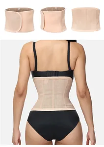 Detail view of breathable beige mesh waist trainer on model for tummy control