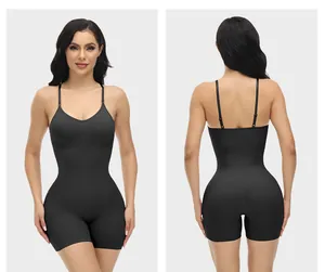 Detailed front and back views of a black seamless slimming bodysuit with adjustable straps.