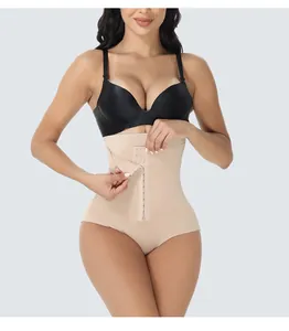 Detail view of high-waist tummy control panties with adjustable front hook-and-eye closure