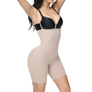 Seamless high-waisted shapewear bodysuit for tummy control and butt lifting in nude