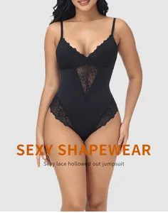 Detailed view of black sexy lace shapewear bodysuit with V-neck and hollow out jumpsuit design