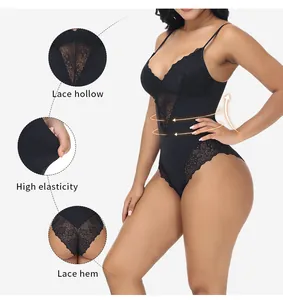 Detailed view of lace deep V-neck shapewear showing tummy control and high elasticity features