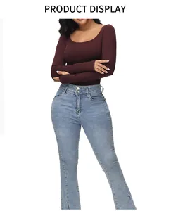 Maroon long-sleeved slimming bodysuit for women, shown on a model with light blue jeans