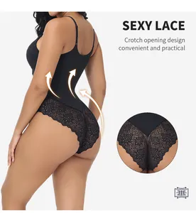 Detailed view of black lace shapewear bodysuit showing lifting effect and lace texture