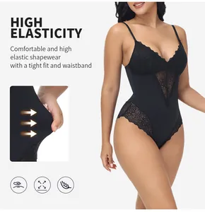 Detailed view showing high elasticity and lace texture of black shapewear bodysuit