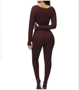 Back view of a long-sleeve brown body shaping bodysuit with thumbholes for women