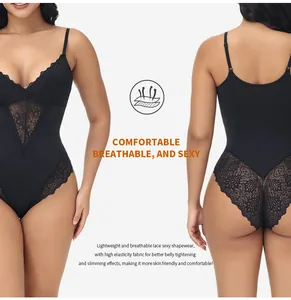 Black lace V-neck shapewear bodysuit with tummy control and butt lift detail