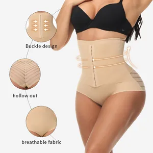 High waist tummy control shapewear with front row buckle and breathable hollow design
