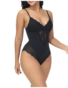 Detailed view of black lace V-neck bodysuit shapewear for slimming and tummy control