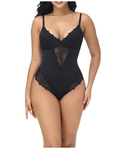 Close-up view of elegant black lace deep V-neck shapewear bodysuit with adjustable straps.