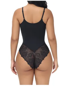 Detailed back view of a black lace shapewear bodysuit featuring adjustable thin straps