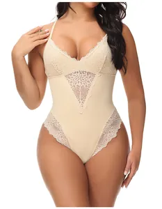 Professional front view of a beige lace deep V-neck bodysuit shapewear on female model