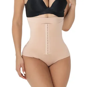 High-waist nude tummy control shapewear panty with adjustable front hooks closure for slimming